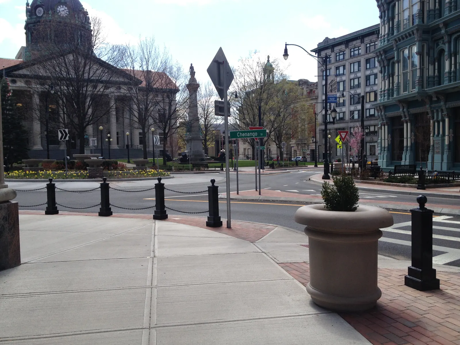 Downtown Binghamton traffic circle facing the Broome County Courthouse